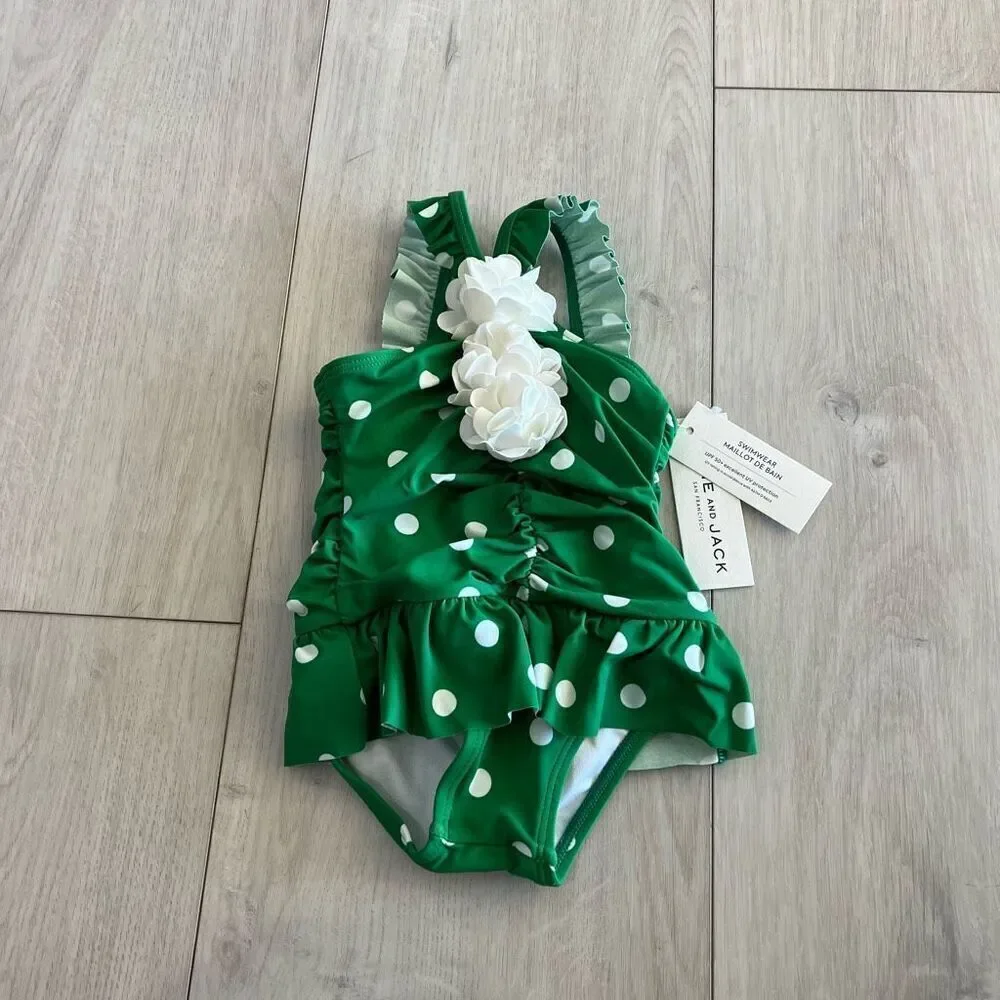 JANIE AND JACK Polka Dot Rosette Swimsuit Sz 6 to 12 months Green White Skirt Fl